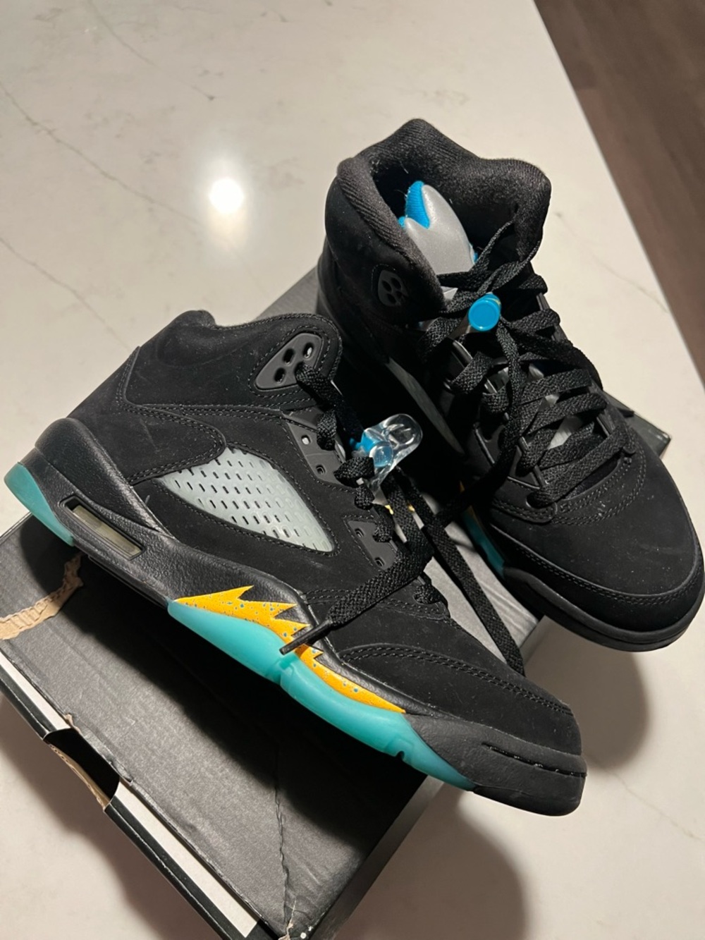 Air Jordan 5 Retro Basketball Sneakers with Teal & Yellow Accents